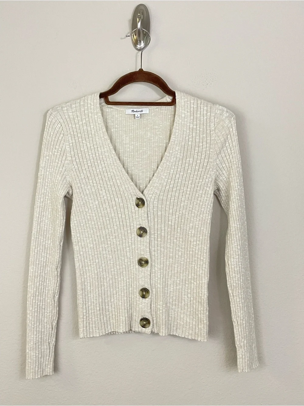 Madewell Cream Shrunken Ribbed‎ Cardigan Sweater Button-Front Size Small